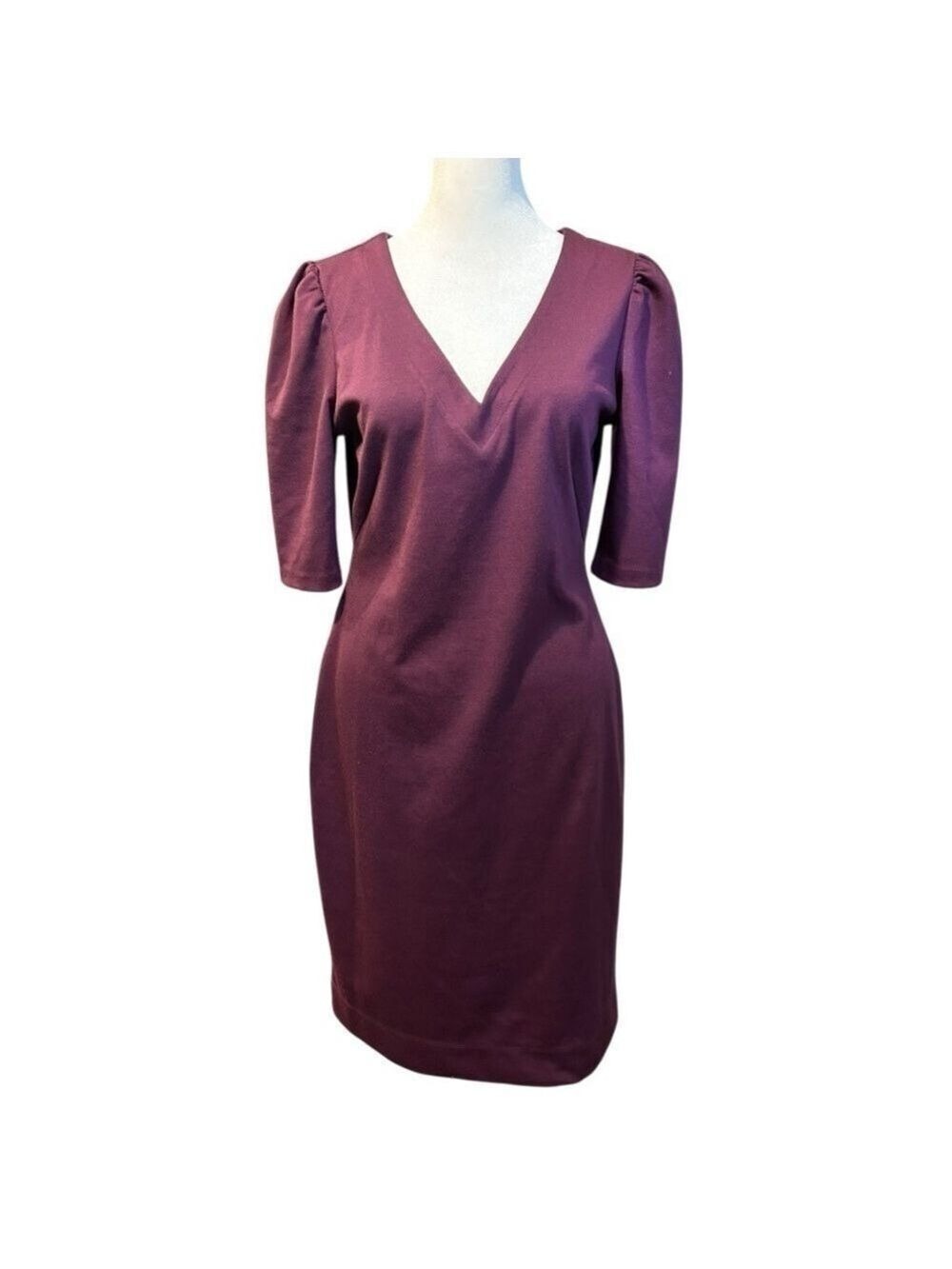 BANANA REPUBLIC Eggplant Sheath Dress Stretch Puff Shoulders V Neck Back Zip Sz6